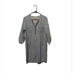 Spense Chambray Tunic Denim Dress Sz 10 Embroidered Roll Tab Sleeve Boho Easter